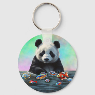 Een panda staart nieuwsgierig naar kleurrijke zwem sleutelhanger