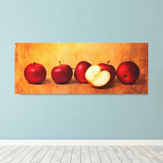 Een panorama van rode appels op een rij canvas afdruk (Insitu (Houten vloer))