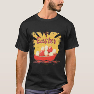 Een papieren kano met paaseieren; blij t-shirt