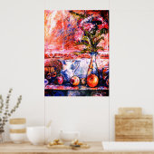 Een pastelleven met fruit en paasbloemen poster (Keuken)