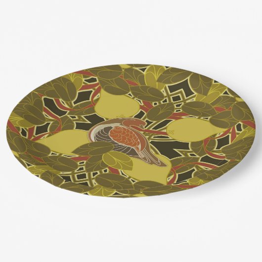 Een patrijs in een peer tree papier Bord (Gekanteld)