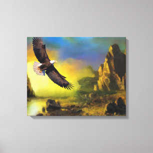 Een patriottisch design met Bald Eagle Flying High Canvas Afdruk
