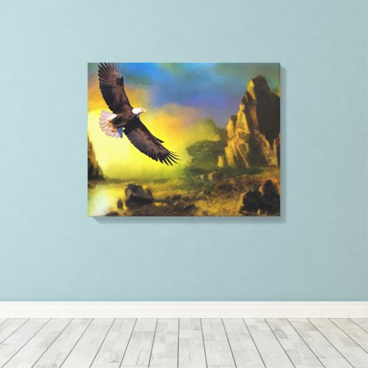 Een patriottisch design met Bald Eagle Flying High Canvas Afdruk (Insitu (Houten vloer))