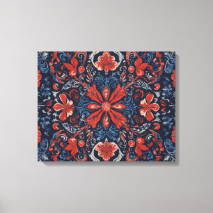 Een patroon van bloemen en bladeren blauw rood canvas afdruk