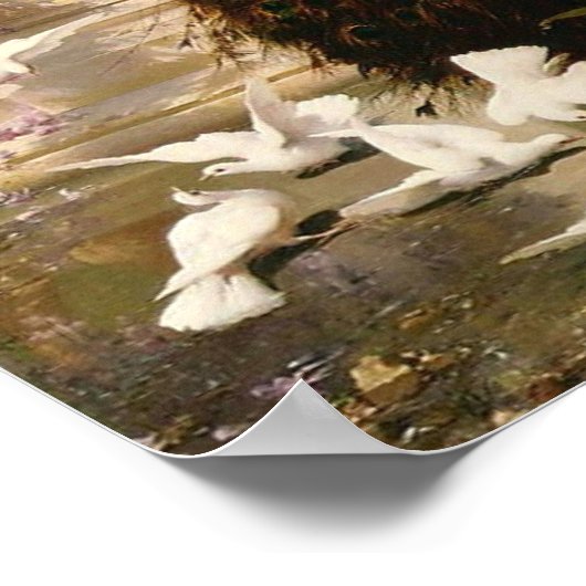 Een pauw en duiven in een tuin, Eugene Bidau Poster (Hoek)