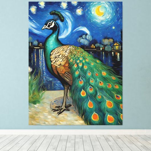 Een pauw in de Sterrennacht Canvas Afdruk (Insitu (Houten vloer))