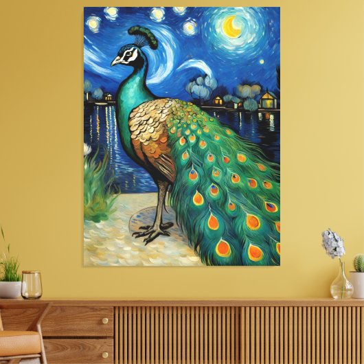 Een pauw in de Sterrennacht Canvas Afdruk (Insitu (Woonkamer))