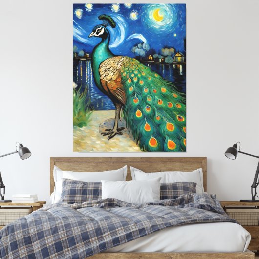 Een pauw in de Sterrennacht Canvas Afdruk (Insitu (Slaapkamer))