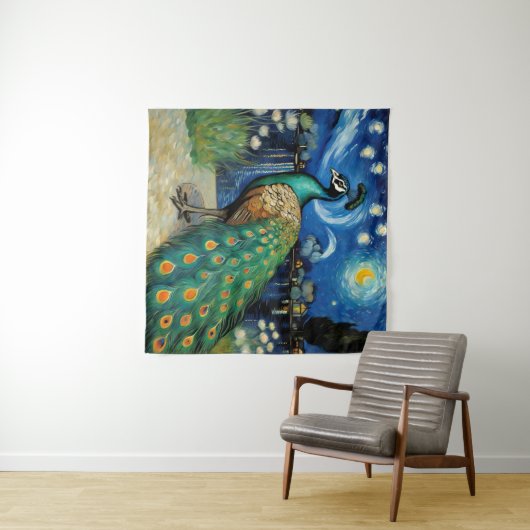 Een pauw in de Sterrennacht Wandkleed (In Situ (horizontaal))