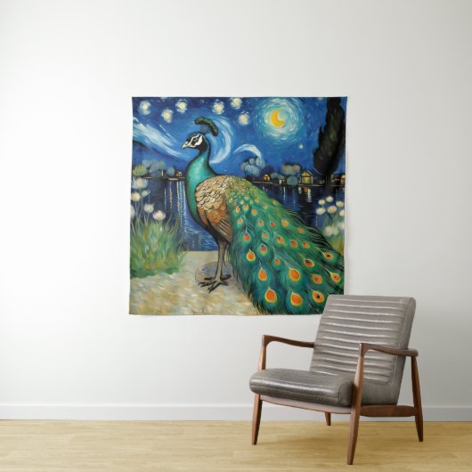 Een pauw in de Sterrennacht Wandkleed (In situ)