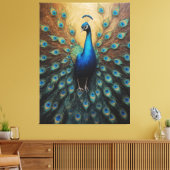 Een pauw met zijn staartveren uitgespreid canvas afdruk (Insitu (Woonkamer))