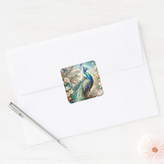 Een pauw vierkante sticker (Envelop)