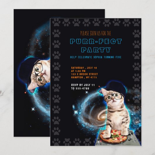 Een perfect feest! DJ Cat Invitation Kaart (Voorkant / Achterkant)