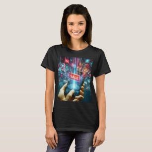Een persoon die een telefoon vasthoudt met het woo t-shirt