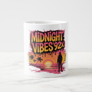 Een persoon staat op een strand bij zonsondergang  grote koffiekop