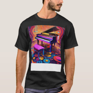 Een piano met een kleurrijke en psychedelische ach t-shirt