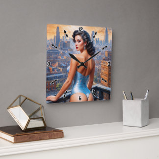 Een Pin Up Girl Uitzicht bij Dusk AI Art van Xzend Vierkante Klok
