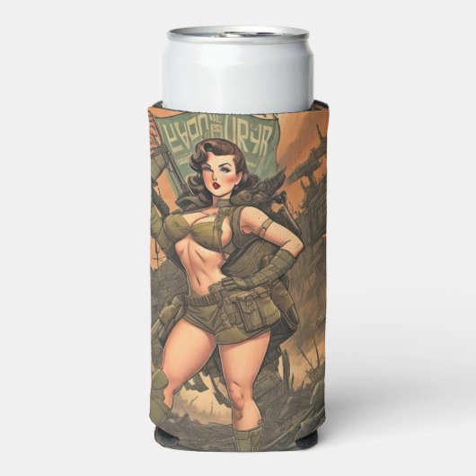 Een pin-up heldin in een post-apocalyptische werel seltzer blikjeskoeler (Seltzer Voorkant)