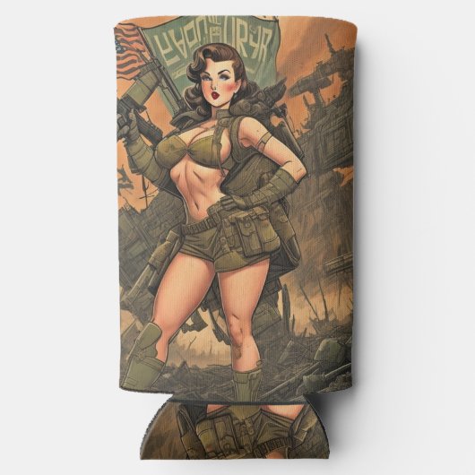 Een pin-up heldin in een post-apocalyptische werel seltzer blikjeskoeler (Achterkant)