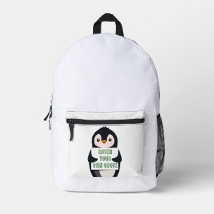 Een pinguïn die een bord vasthoudt met aanpasbare bedrukte rugzak