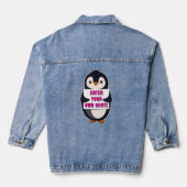 Een pinguïn die een bord vasthoudt met aanpasbare denim jacket (Achterkant)