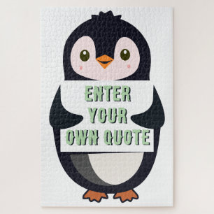 Een pinguïn die een bord vasthoudt met aanpasbare legpuzzel