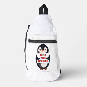 Een pinguïn die een bord vasthoudt met aanpasbare sling bag