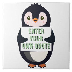 Een pinguïn die een bord vasthoudt met aanpasbare tegeltje