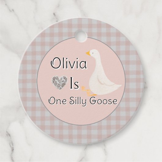 Een Pink Gingham Gekke Goose Girl's Verjaardagsfee Bedankjes Labels (Voorkant)