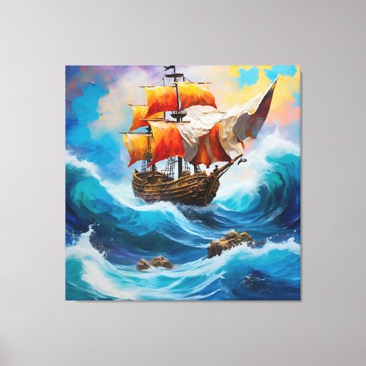 Een piratenschip gevangen in een golf van water canvas afdruk (Voorkant)