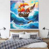 Een piratenschip gevangen in een golf van water canvas afdruk (Insitu (Slaapkamer))