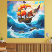 Een piratenschip gevangen in een golf van water canvas afdruk (Insitu (Woonkamer))