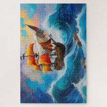 Een piratenschip in een golf van water