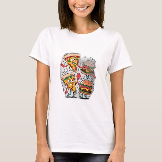 Een pizzaplakje high-five een burger. t-shirt (Voorkant)