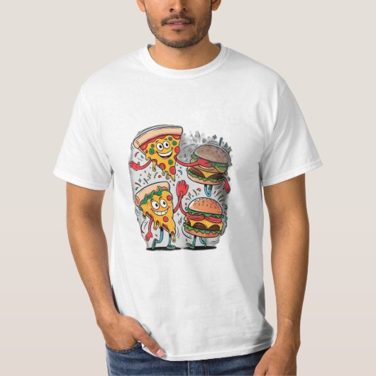 Een pizzaplakje high-five een burger. t-shirt (Voorkant)