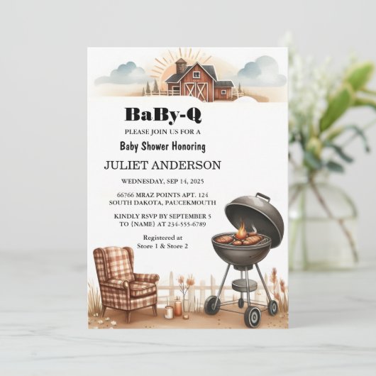 Een Plaid Babyq Fun Food Steak Beef BBQ Baby showe Kaart (Staand voorkant)