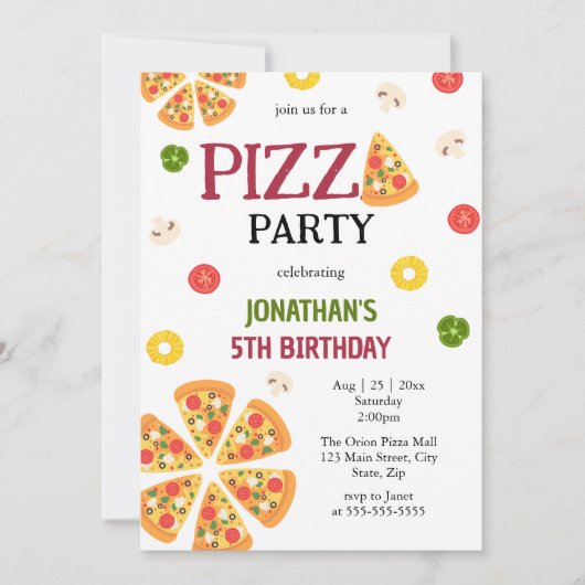 Een plakje leuke pizza party kinderen verjaardag kaart (Voorkant)