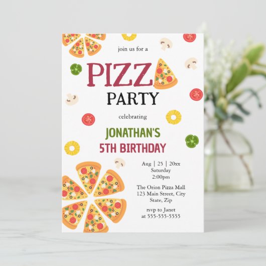 Een plakje leuke pizza party kinderen verjaardag kaart (Staand voorkant)