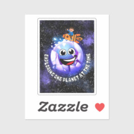 Eén planeet tegelijk verkennen. jongen in een rake sticker