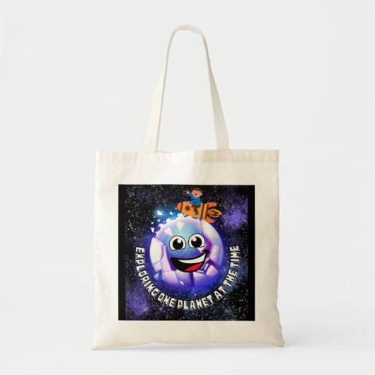 Eén planeet tegelijk verkennen. jongen in een rake tote bag (Voorkant)