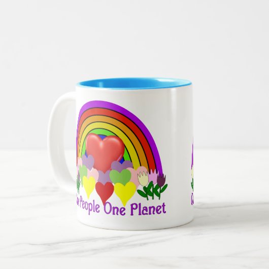 Eén Planet One People Tweekleurige Koffiemok (Voorkant links)