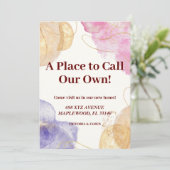 Een plek om onze eigen housewarming rood goud roze kaart (Staand voorkant)