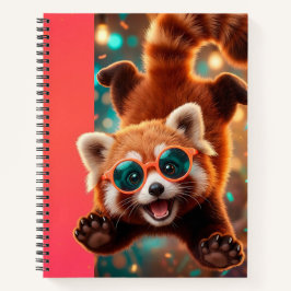 Een pluizige cartoon rode panda met een heldere zo notitieboek