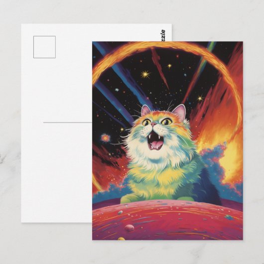 Een pluizige witte kat in de ruimte briefkaart (Voorkant / Achterkant)