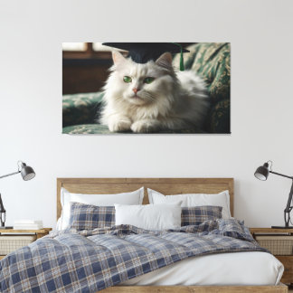 Een pluizige witte kat met een afstudeerdop canvas afdruk