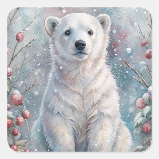 Een Polar Beer Cub in de winter Vierkante Sticker (Voorkant)