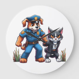 een politiehond en een gemene kat - humor grote klok