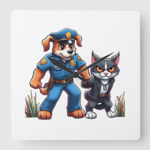 een politiehond en een gemene kat - humor vierkante klok