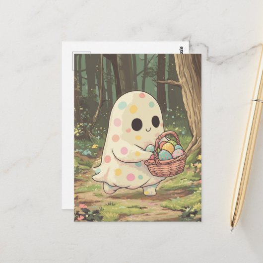 Een polka dot geest met een mand van eieren briefkaart (Voorkant / Achterkant in situ)