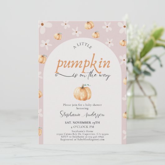 Een Pompoentje Is Op Weg Herfst Baby Shower Kaart (Staand voorkant)